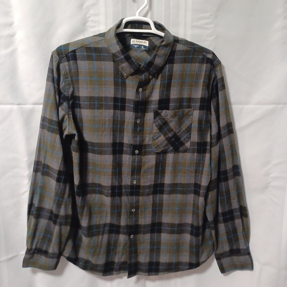 Magellan Button Down Mens XL Grey Plaid Classic Fit Flannel Cotton Long Sleeve